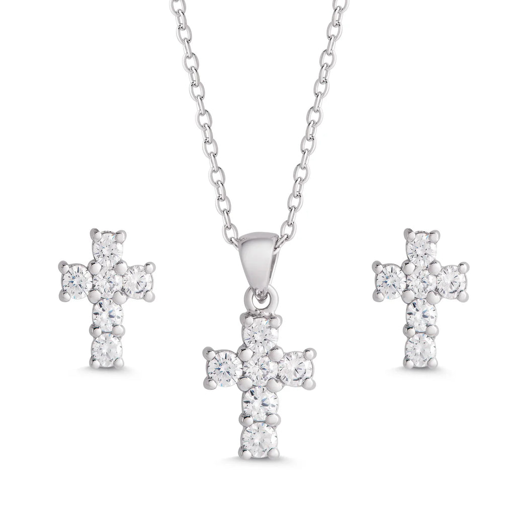 CZ Cross Pendant and Stud Earrings Set