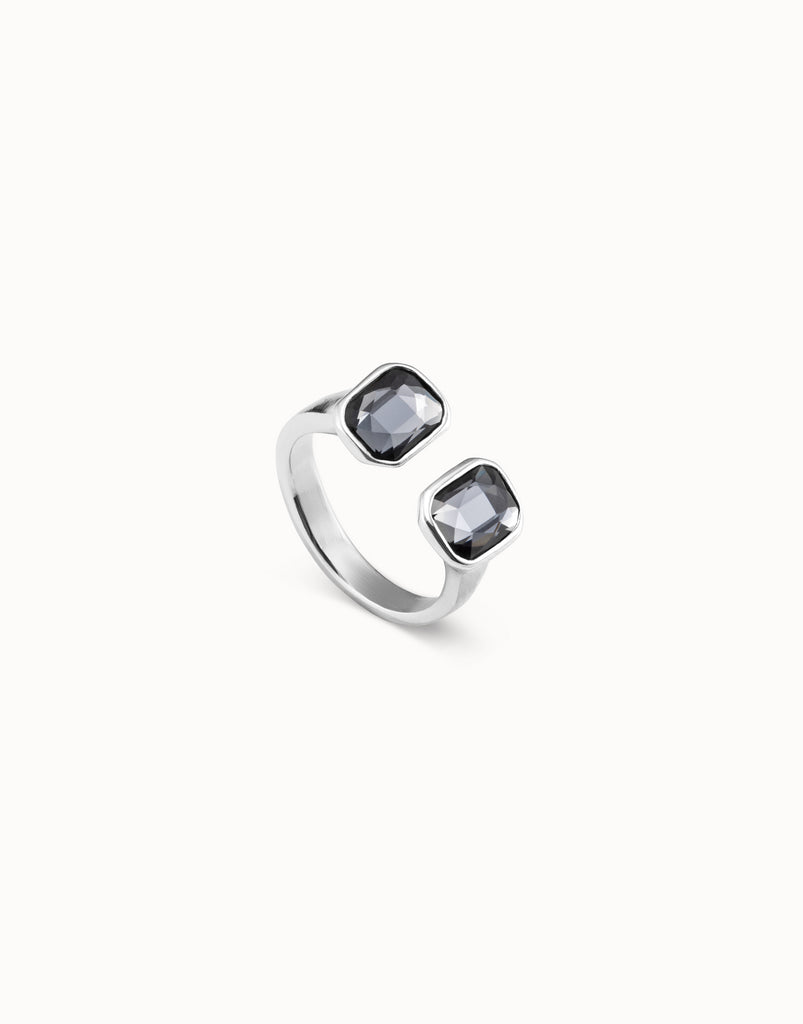 Plated Open Ring With 2 Dark Gray Crystals