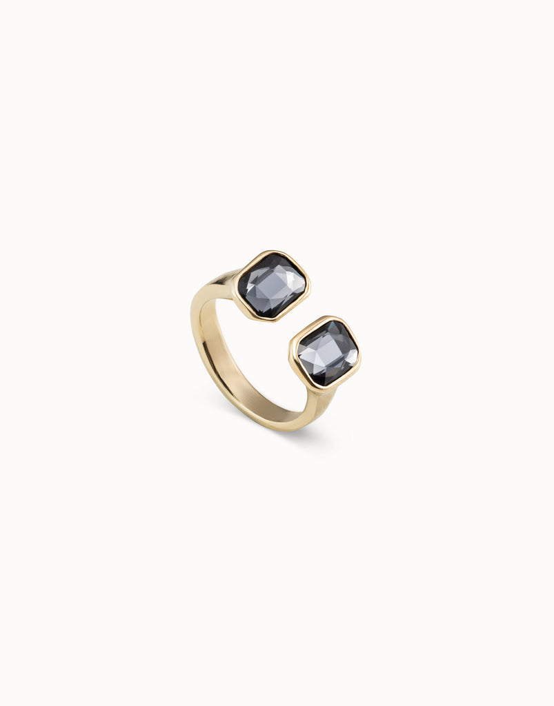 18K Gold-Plated Open Ring With 2 Dark Gray Crystals