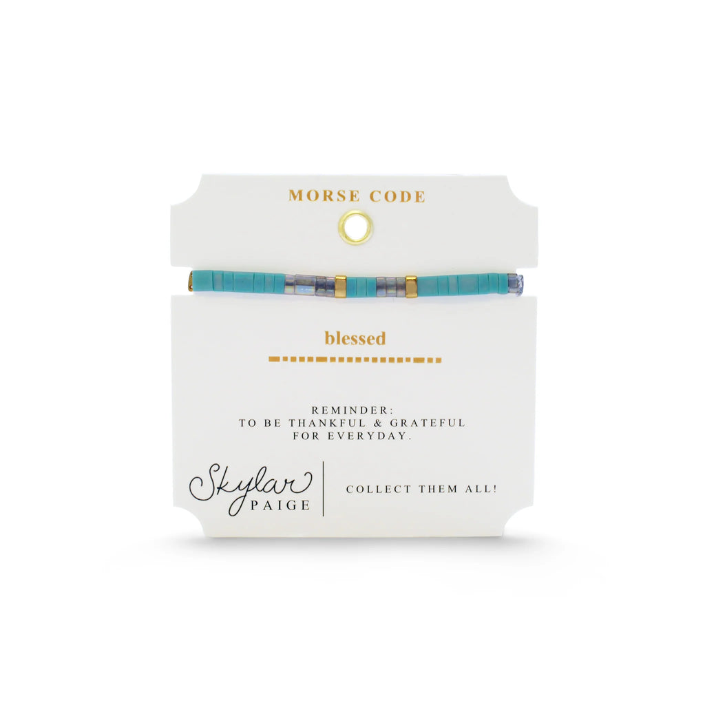 BLESSED - Morse Code Tila Beaded Bracelet - Treasured Teal