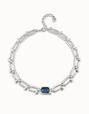 Plated Short Necklace With Rectangular Nail Shaped Links And Blue Crystal