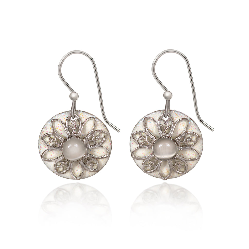 Silver Flower On Sparkling White Round Pierced Earrings