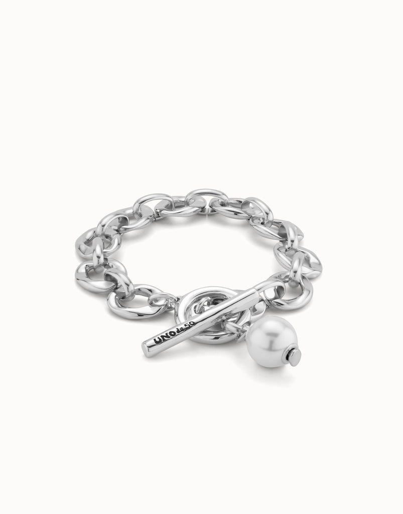 Sterling Silver-Plated Bracelet With Links And Pearl Charm