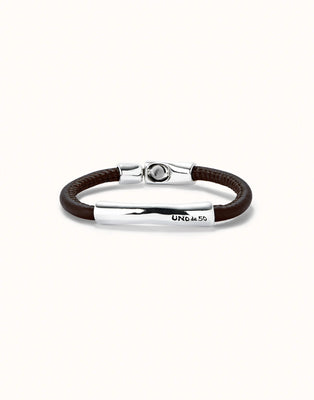 Brown leather bracelet with sterling silver-plated central detail