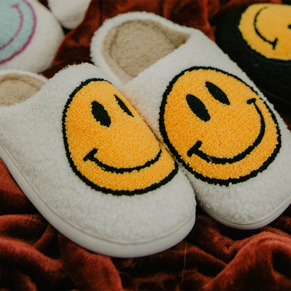 White Fuzzy Happy Face Slippers